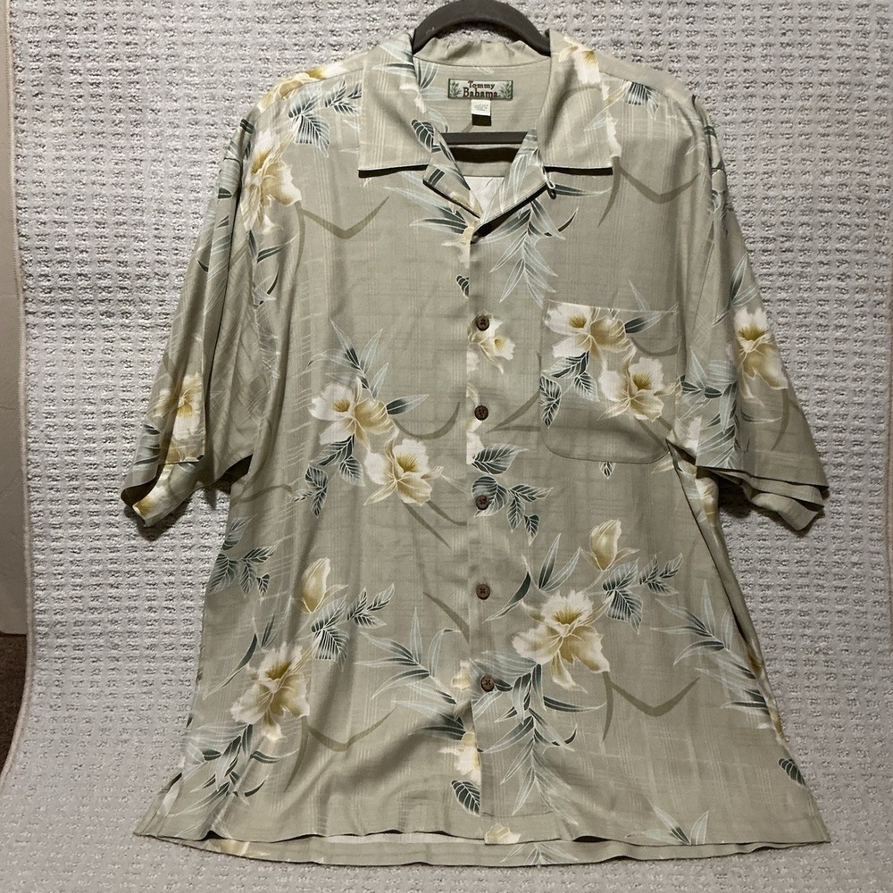 Tommy Bahama Men Hawaiian Shirt 100% Silk Short‎ Sleeve Button-Up Gray L